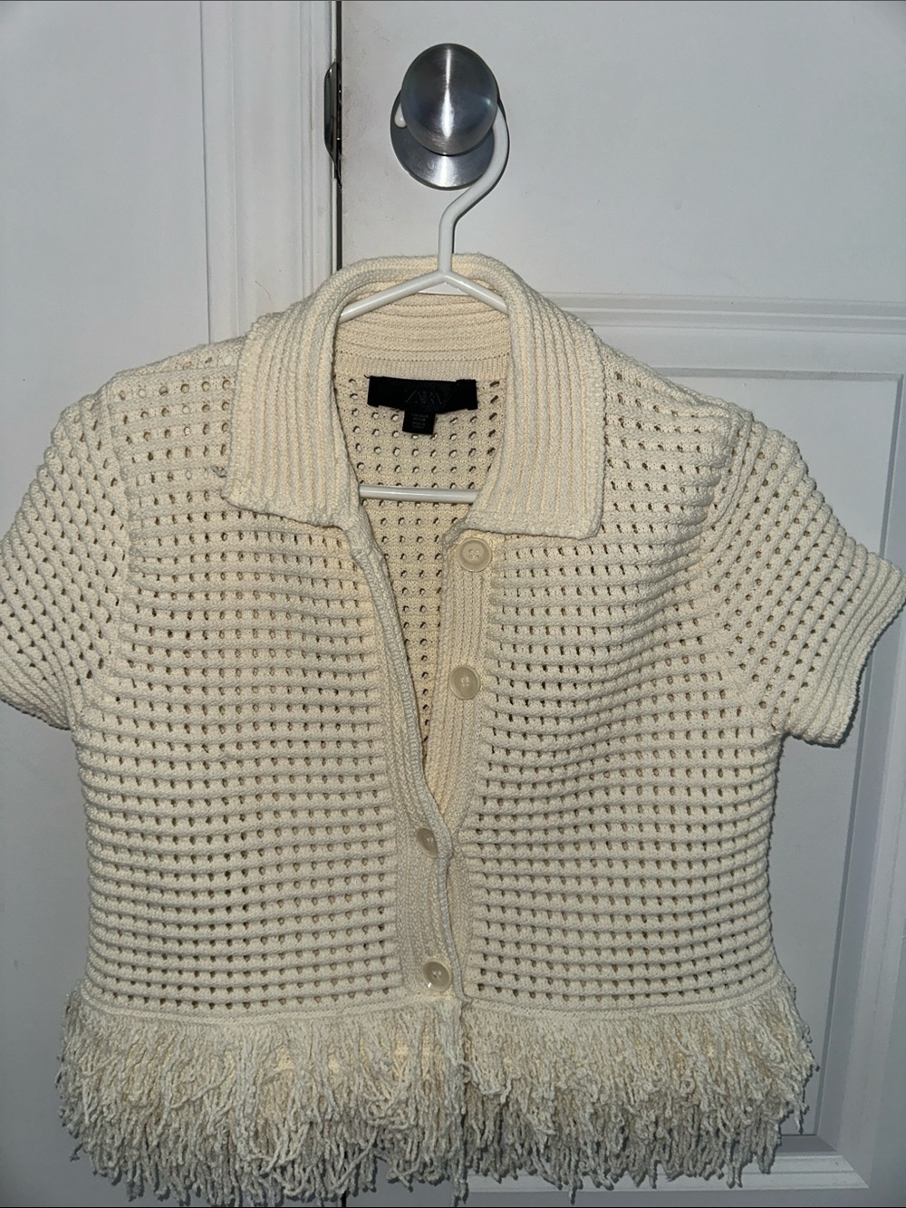 Like new Cream Crochet Fringe Short-Sleeve Sweater Cardigan - Picture 5 of 8